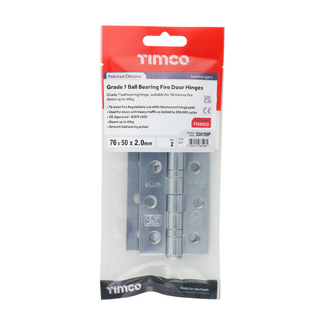 This is an image showing TIMCO Grade 7 Fire Door Hinges - Polished Chrome - 76 x 50 x 2.0 - 2 Pieces Box available from T.H Wiggans Ironmongery in Kendal, quick delivery at discounted prices.