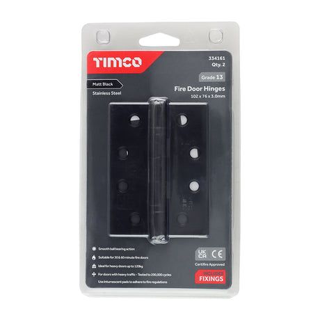 This is an image showing TIMCO Grade 13 Fire Door Hinges - Matt Black Stainless Steel - 101 x 76 x 3 - 2 Pieces Blister Pack available from T.H Wiggans Ironmongery in Kendal, quick delivery at discounted prices.
