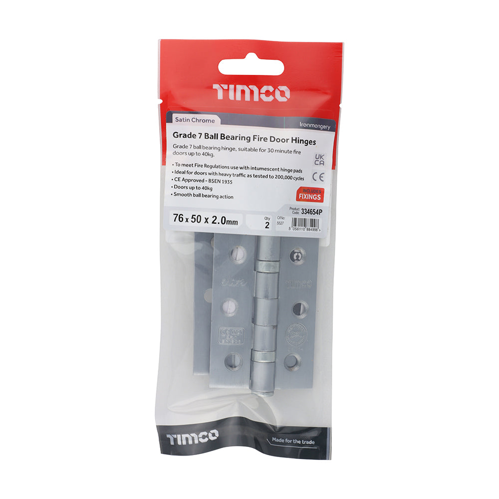 This is an image showing TIMCO Grade 7 Ball Bearing Fire Door Hinges - Satin Chrome - 76 x 50 x 2.0 - 2 Pieces TIMpac available from T.H Wiggans Ironmongery in Kendal, quick delivery at discounted prices.