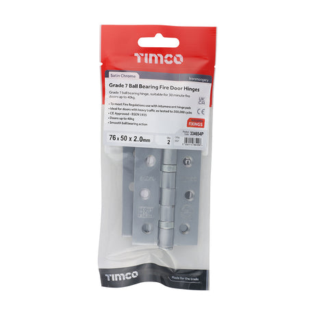 This is an image showing TIMCO Grade 7 Ball Bearing Fire Door Hinges - Satin Chrome - 76 x 50 x 2.0 - 2 Pieces TIMpac available from T.H Wiggans Ironmongery in Kendal, quick delivery at discounted prices.