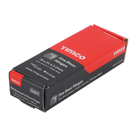 This is an image showing TIMCO Grade 7 Fire Door Hinges - Satin Chrome - 76 x 50 x 2.0 - 2 Pieces Box available from T.H Wiggans Ironmongery in Kendal, quick delivery at discounted prices.