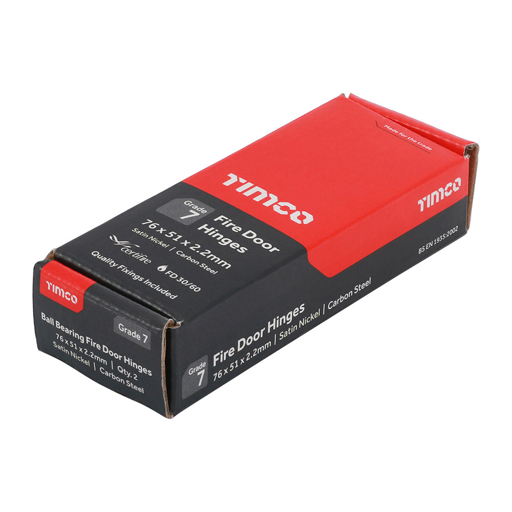 This is an image showing TIMCO Grade 7 Fire Door Hinges - Satin Nickel - 76 x 50 x 2.0 - 2 Pieces Box available from T.H Wiggans Ironmongery in Kendal, quick delivery at discounted prices.