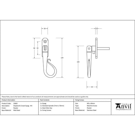 This is an image showing From The Anvil - Pewter Shepherd's Crook Espag - RH available from T.H Wiggans Architectural Ironmongery in Kendal, quick delivery and discounted prices