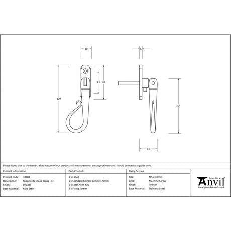This is an image showing From The Anvil - Pewter Shepherd's Crook Espag - LH available from T.H Wiggans Architectural Ironmongery in Kendal, quick delivery and discounted prices