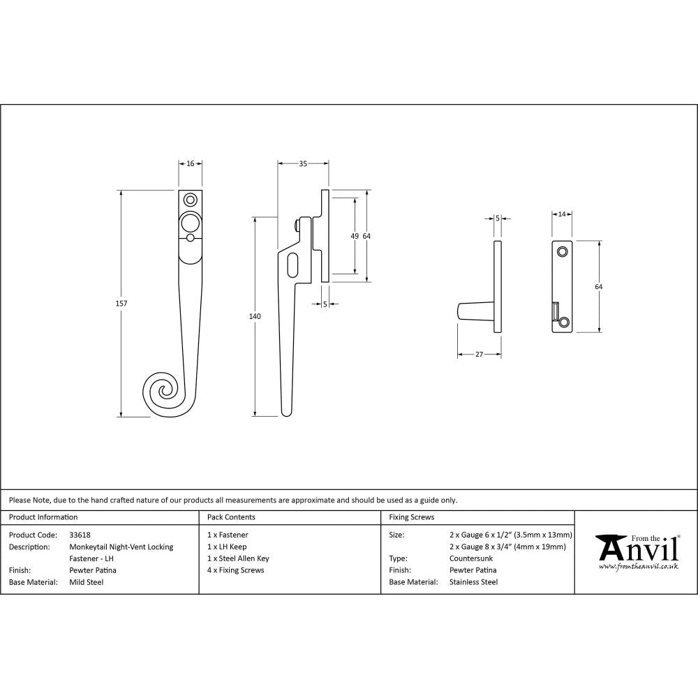 This is an image showing From The Anvil - Pewter Locking Night-Vent Monkeytail Fastener - LH available from T.H Wiggans Architectural Ironmongery in Kendal, quick delivery and discounted prices