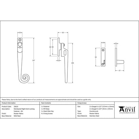 This is an image showing From The Anvil - Pewter Locking Night-Vent Monkeytail Fastener - RH available from T.H Wiggans Architectural Ironmongery in Kendal, quick delivery and discounted prices