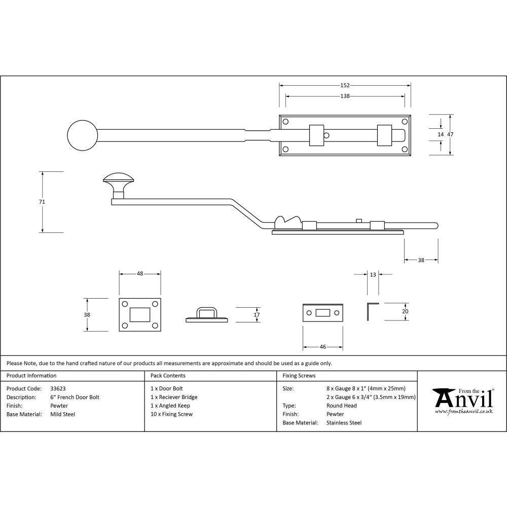 This is an image showing From The Anvil - Pewter 6" French Door Bolt available from trade door handles, quick delivery and discounted prices