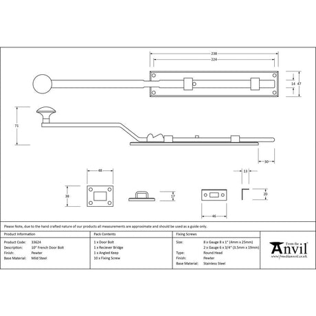 This is an image showing From The Anvil - Pewter 10" French Door Bolt available from trade door handles, quick delivery and discounted prices