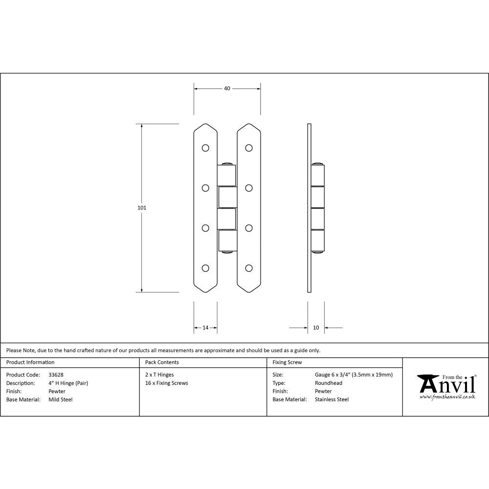 This is an image showing From The Anvil - Pewter 4" H Hinge (pair) available from T.H Wiggans Architectural Ironmongery, quick delivery and discounted prices