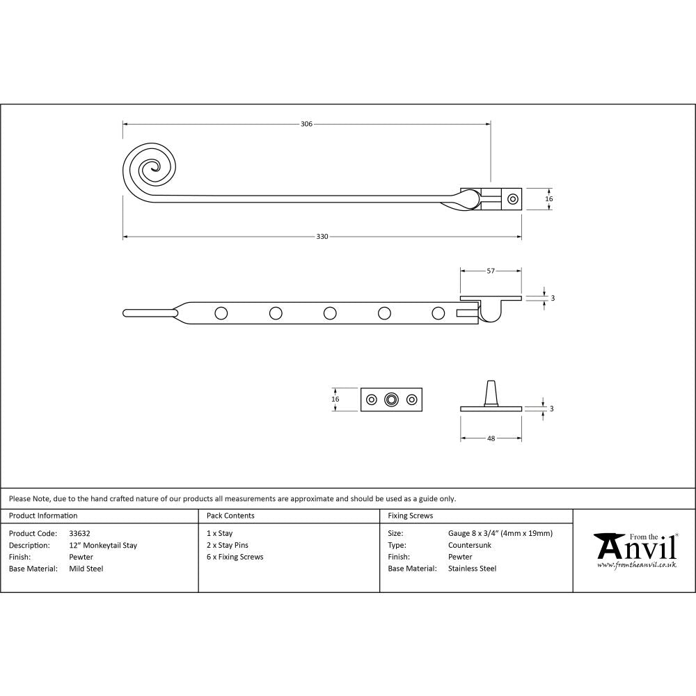 This is an image showing From The Anvil - Pewter 12" Monkeytail Stay available from T.H Wiggans Architectural Ironmongery in Kendal, quick delivery and discounted prices