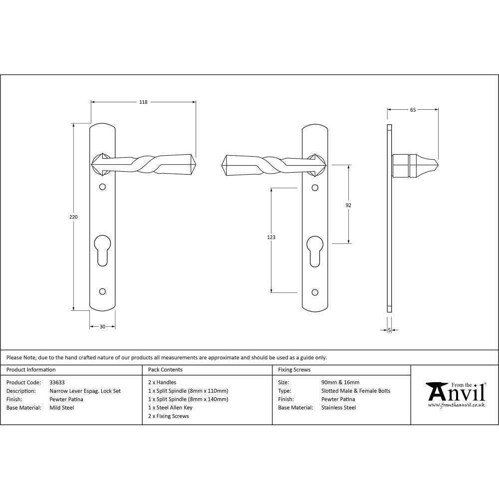 This is an image showing From The Anvil - Pewter Narrow Lever Espag. Lock Set available from trade door handles, quick delivery and discounted prices