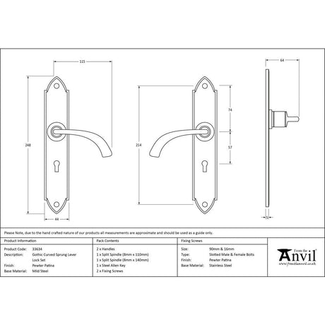 This is an image showing From The Anvil - Pewter Gothic Curved Sprung Lever Lock Set available from trade door handles, quick delivery and discounted prices