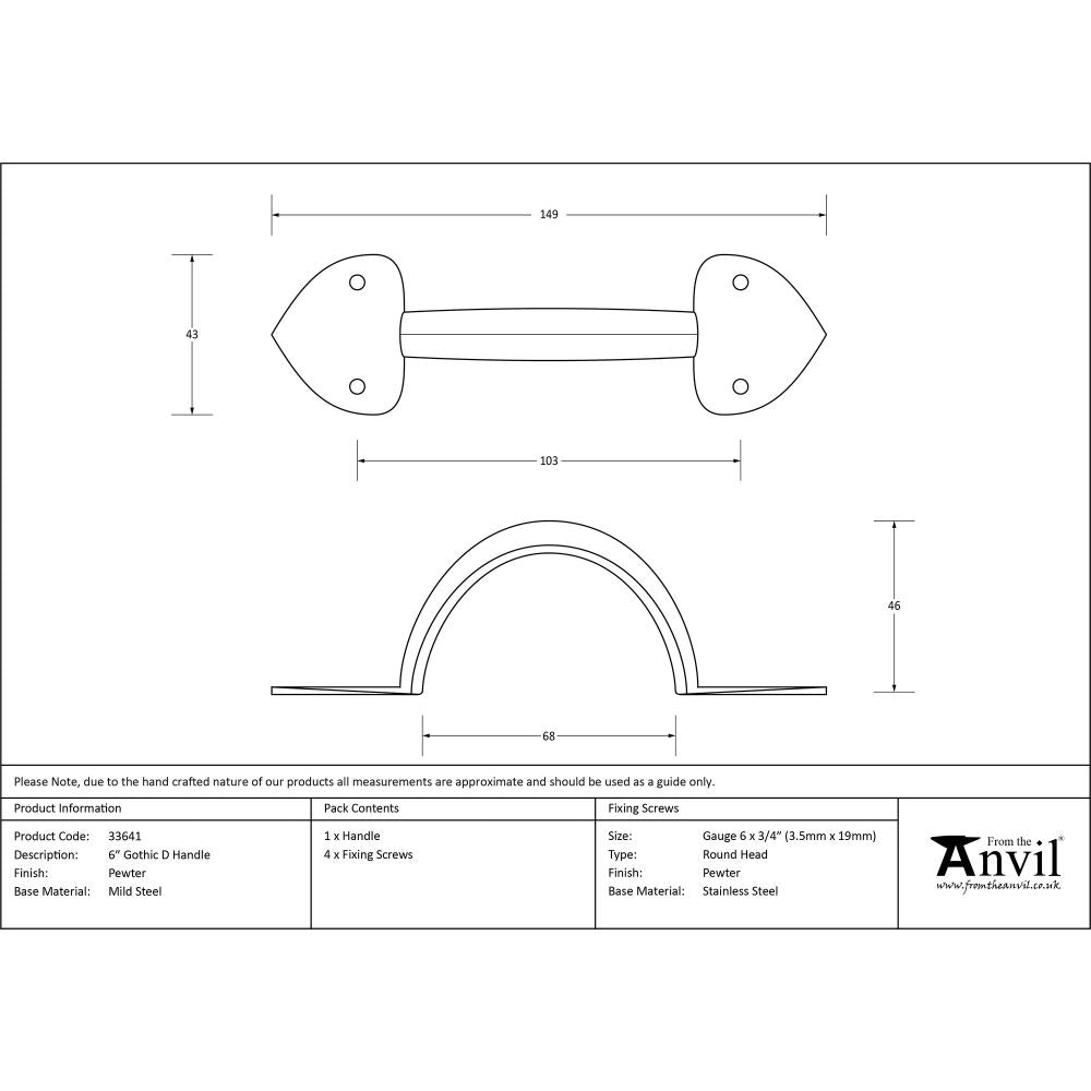 This is an image showing From The Anvil - Pewter 6" Gothic D Handle available from trade door handles, quick delivery and discounted prices