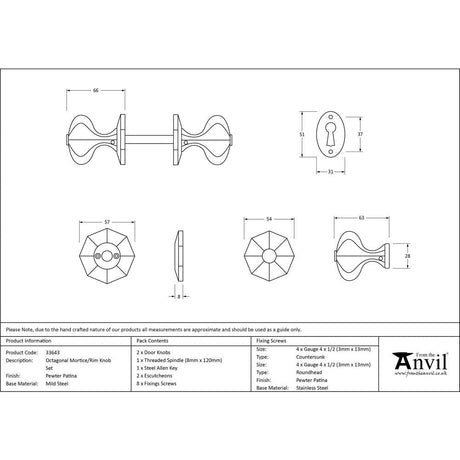 This is an image showing From The Anvil - Pewter Octagonal Mortice/Rim Knob Set available from trade door handles, quick delivery and discounted prices