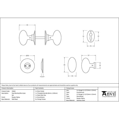 This is an image showing From The Anvil - Pewter Oval Mortice/Rim Knob Set available from trade door handles, quick delivery and discounted prices