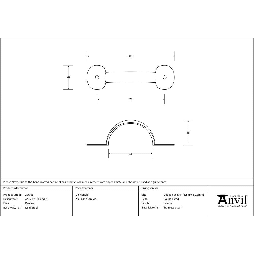 This is an image showing From The Anvil - Pewter 4" Bean D Handle available from trade door handles, quick delivery and discounted prices