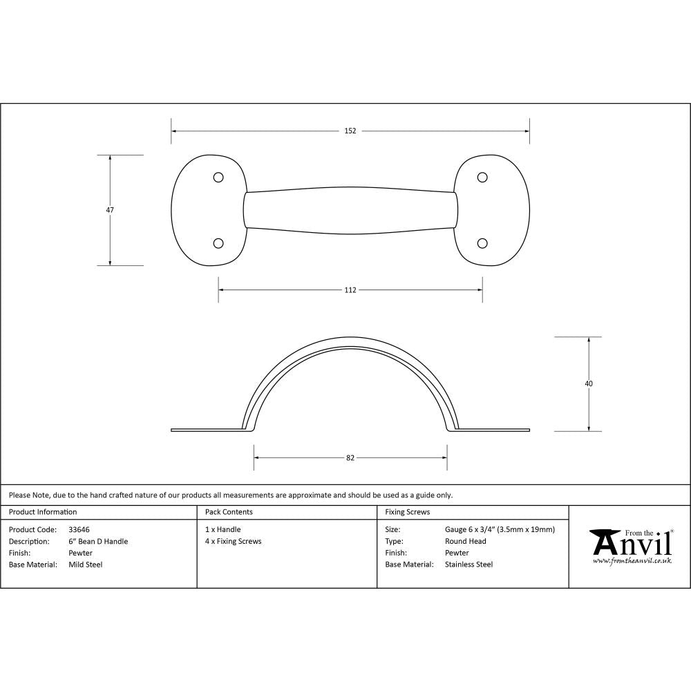 This is an image showing From The Anvil - Pewter 6" Bean D Handle available from trade door handles, quick delivery and discounted prices