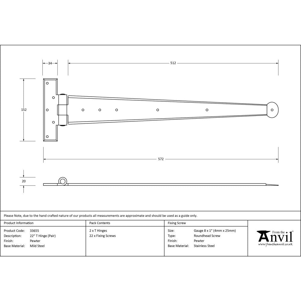 This is an image showing From The Anvil - Pewter 22" Penny End T Hinge (pair) available from T.H Wiggans Architectural Ironmongery, quick delivery and discounted prices