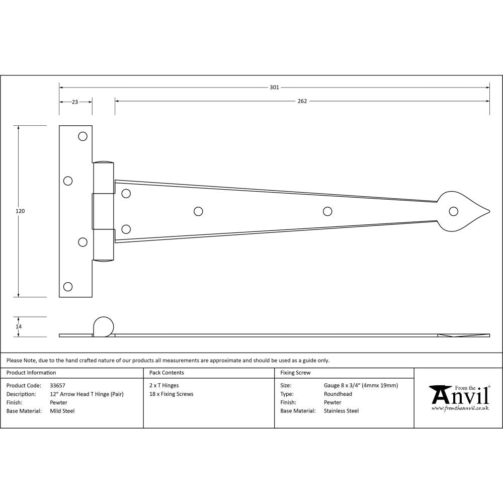 This is an image showing From The Anvil - Pewter 12" Arrow Head T Hinge (pair) available from T.H Wiggans Architectural Ironmongery, quick delivery and discounted prices