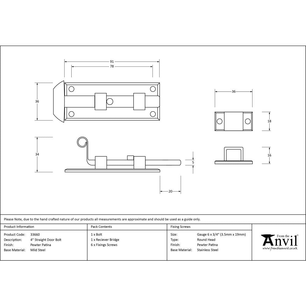 This is an image showing From The Anvil - Pewter 4" Straight Door Bolt available from trade door handles, quick delivery and discounted prices