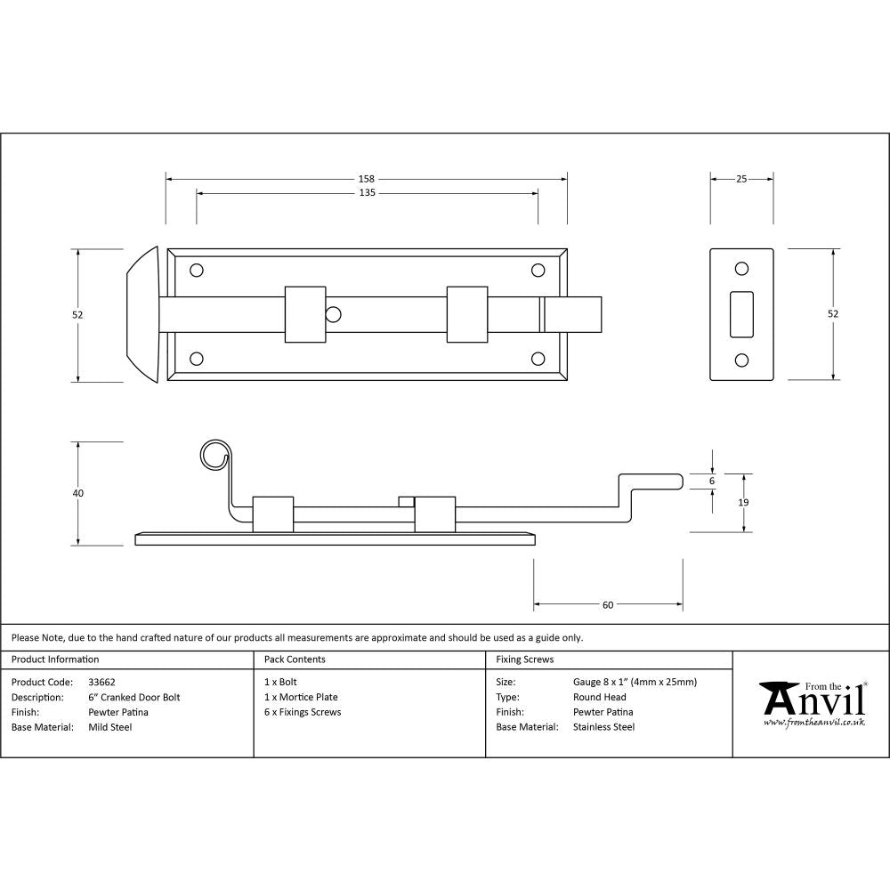 This is an image showing From The Anvil - Pewter 6" Cranked Door Bolt available from trade door handles, quick delivery and discounted prices