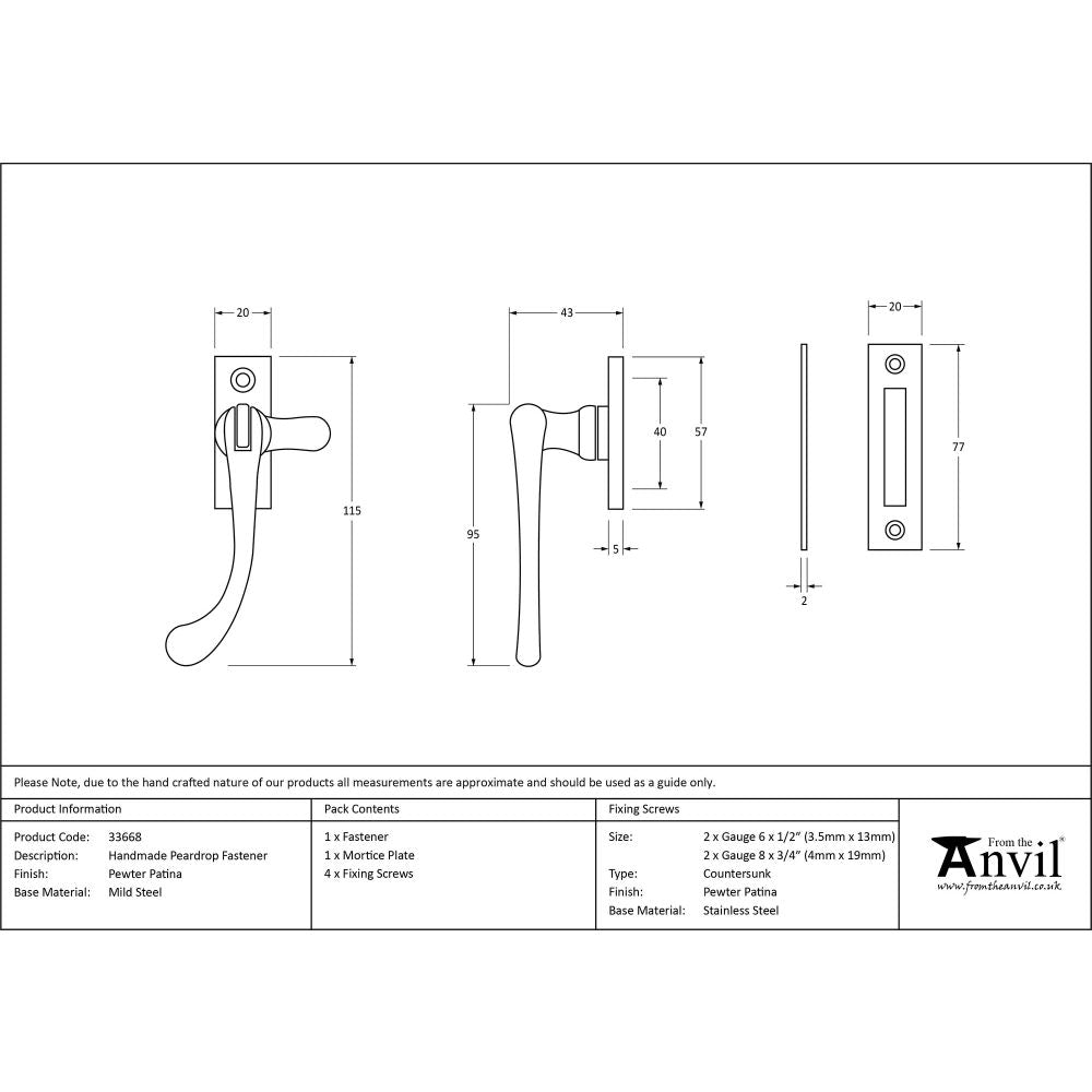 This is an image showing From The Anvil - Pewter Handmade Peardrop Fastener available from T.H Wiggans Architectural Ironmongery in Kendal, quick delivery and discounted prices