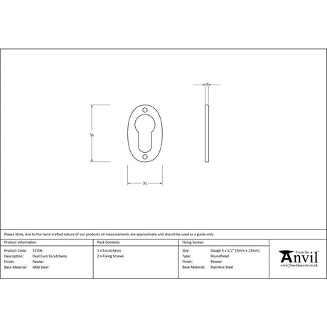 This is an image showing From The Anvil - Pewter Oval Euro Escutcheon available from trade door handles, quick delivery and discounted prices