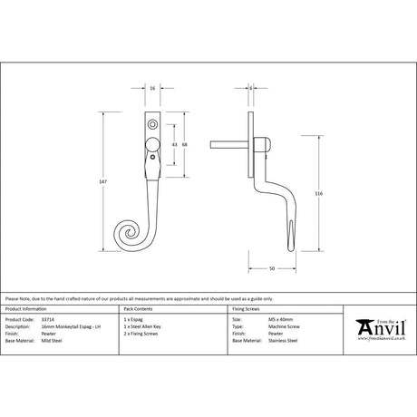 This is an image showing From The Anvil - Pewter 16mm Monkeytail Espag - LH available from T.H Wiggans Architectural Ironmongery in Kendal, quick delivery and discounted prices
