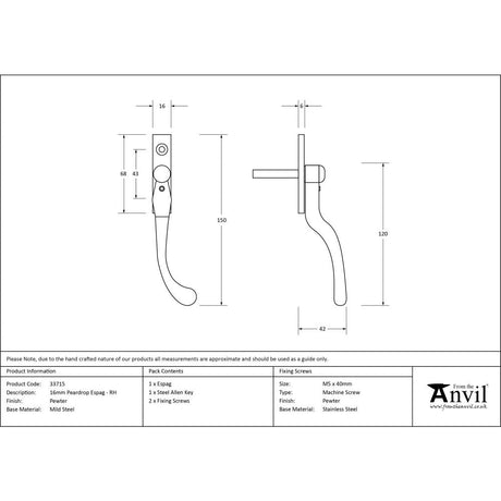 This is an image showing From The Anvil - Pewter 16mm Peardrop Espag - RH available from T.H Wiggans Architectural Ironmongery in Kendal, quick delivery and discounted prices
