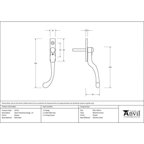 This is an image showing From The Anvil - Pewter 16mm Peardrop Espag - LH available from T.H Wiggans Architectural Ironmongery in Kendal, quick delivery and discounted prices