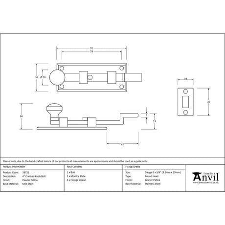 This is an image showing From The Anvil - Pewter 4" Cranked Knob Bolt available from trade door handles, quick delivery and discounted prices