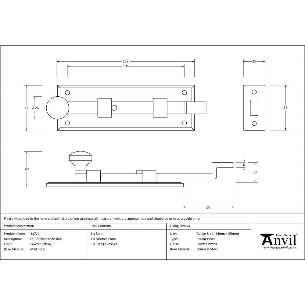 This is an image showing From The Anvil - Pewter 6" Cranked Knob Bolt available from trade door handles, quick delivery and discounted prices