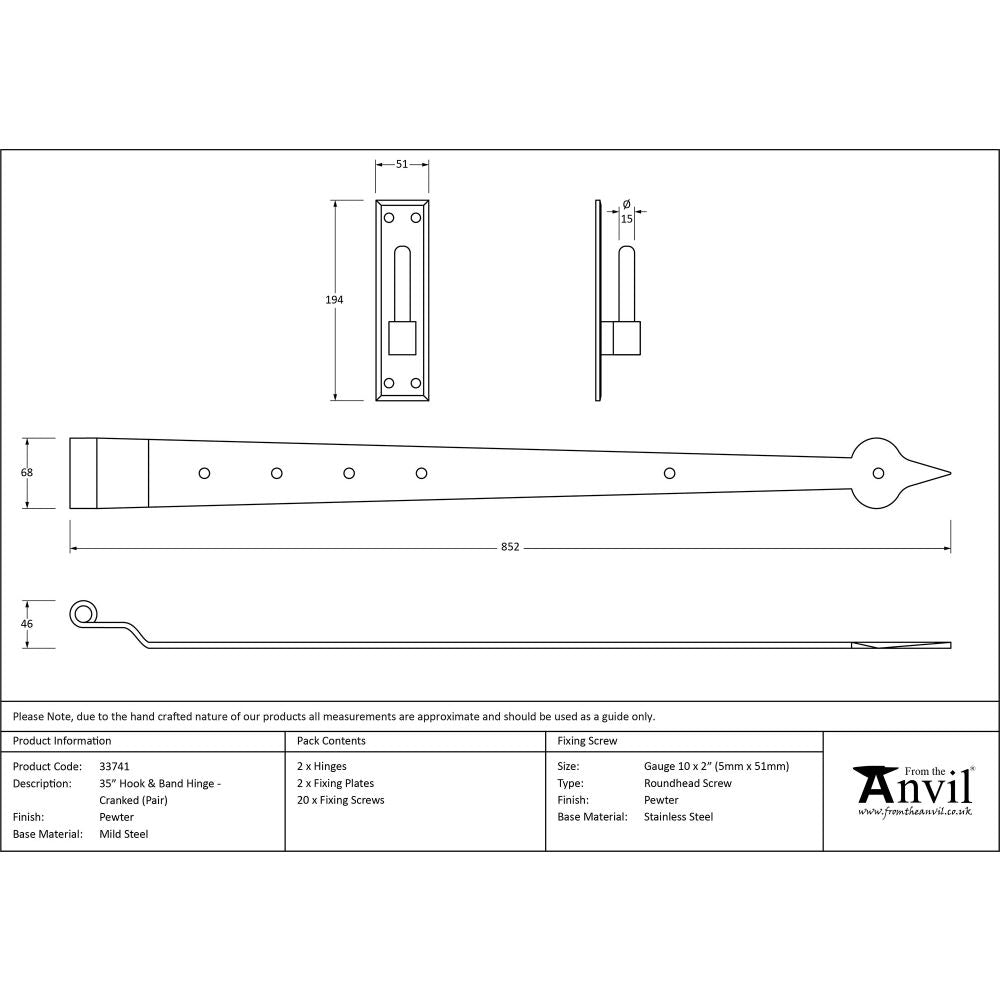 This is an image showing From The Anvil - Pewter 35" Hook & Band Hinge - Cranked (pair) available from T.H Wiggans Architectural Ironmongery, quick delivery and discounted prices