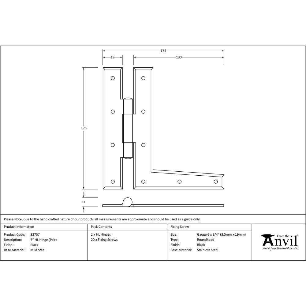 This is an image showing From The Anvil - Black 7" HL Hinge (pair) available from T.H Wiggans Architectural Ironmongery, quick delivery and discounted prices