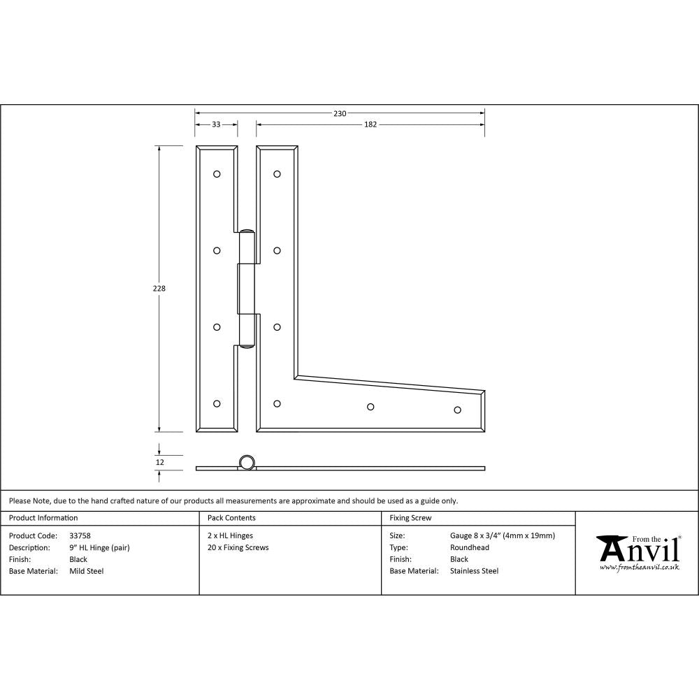 This is an image showing From The Anvil - Black 9" HL Hinge (pair) available from T.H Wiggans Architectural Ironmongery, quick delivery and discounted prices