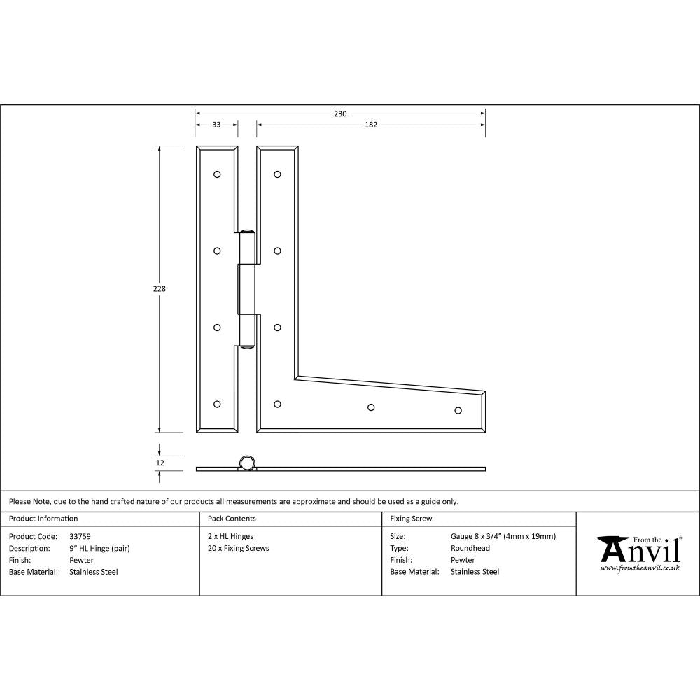 This is an image showing From The Anvil - Pewter 9" HL Hinge (pair) available from T.H Wiggans Architectural Ironmongery, quick delivery and discounted prices