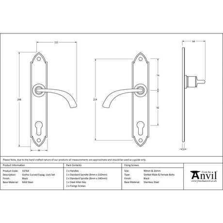 This is an image showing From The Anvil - Black Gothic Curved Lever Espag. Lock Set available from trade door handles, quick delivery and discounted prices