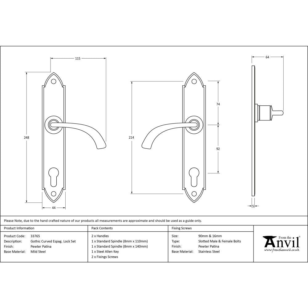 This is an image showing From The Anvil - Pewter Gothic Curved Lever Espag. Lock Set available from trade door handles, quick delivery and discounted prices