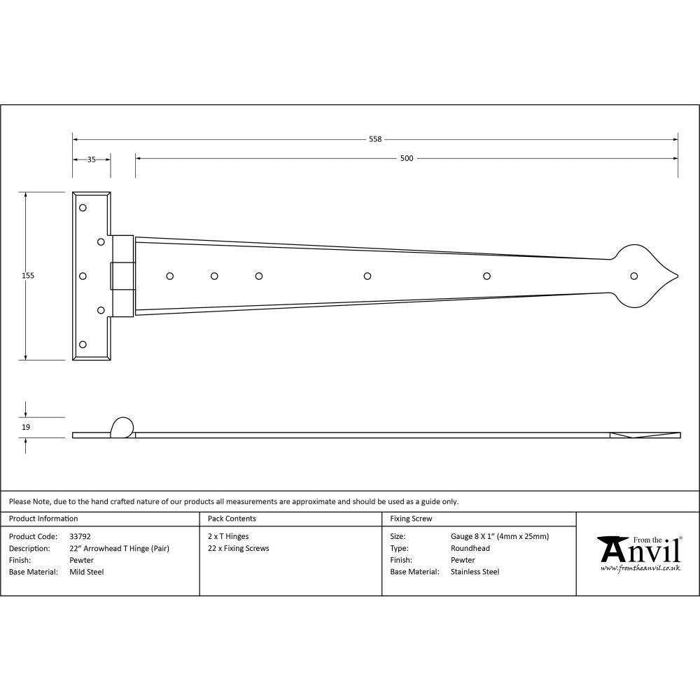 This is an image showing From The Anvil - Pewter 22" Arrow Head T Hinge (pair) available from T.H Wiggans Architectural Ironmongery, quick delivery and discounted prices