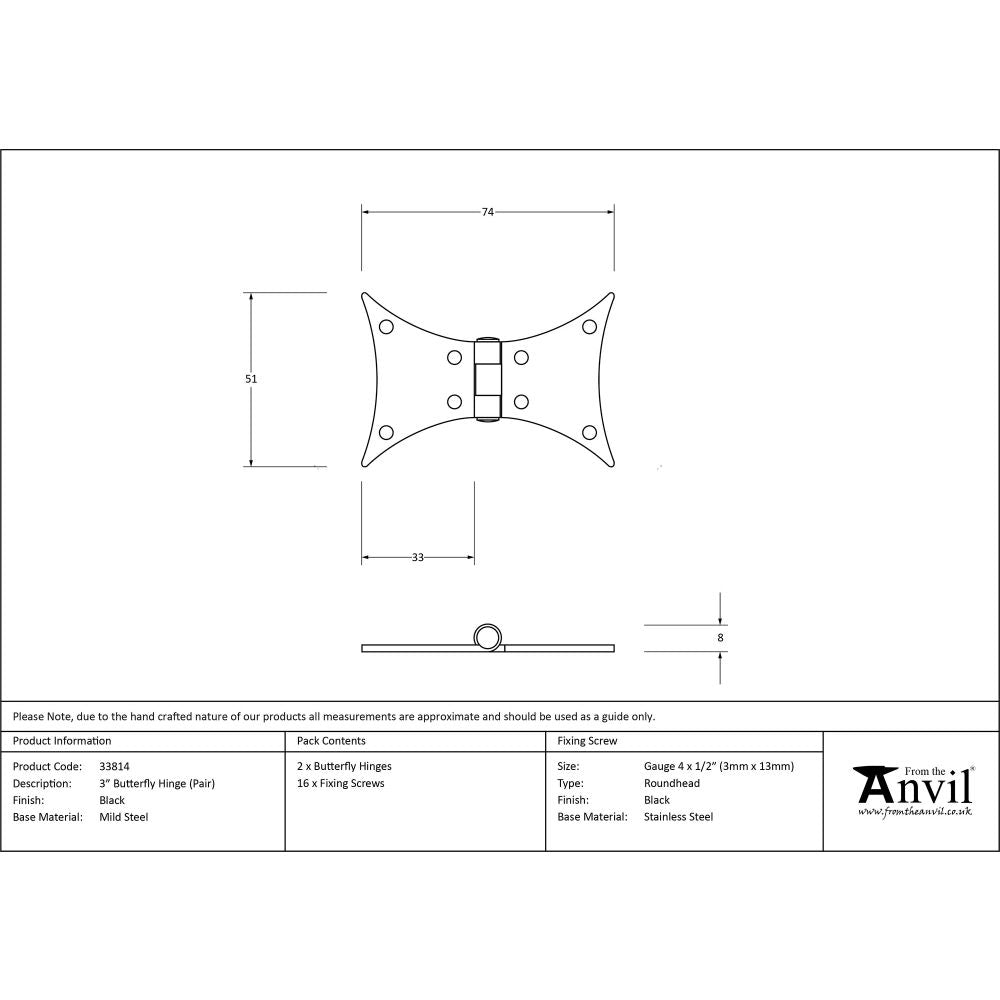 This is an image showing From The Anvil - Black 3" Butterfly Hinge (pair) available from T.H Wiggans Architectural Ironmongery, quick delivery and discounted prices