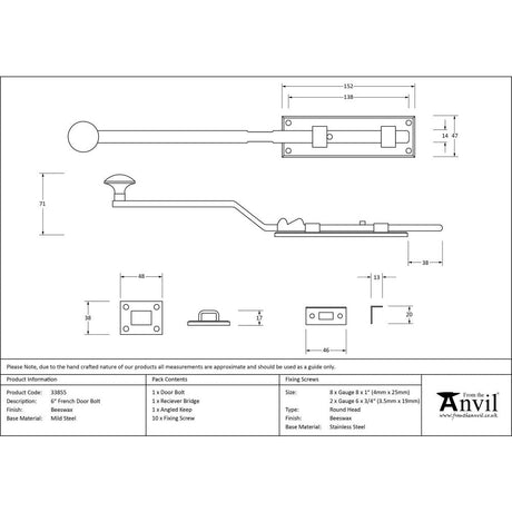 This is an image showing From The Anvil - Beeswax 6" French Door Bolt available from trade door handles, quick delivery and discounted prices