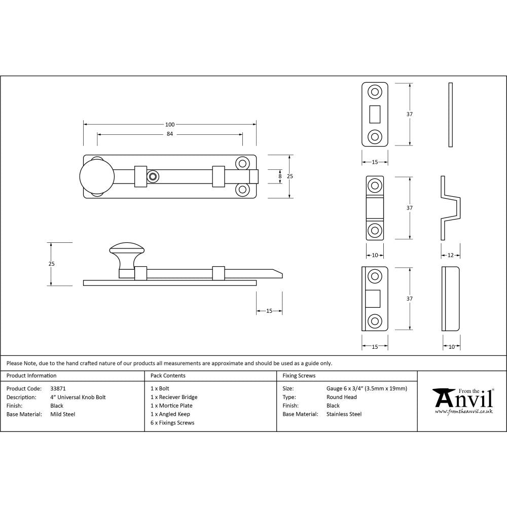 This is an image showing From The Anvil - Black 4" Universal Knob Bolt available from trade door handles, quick delivery and discounted prices