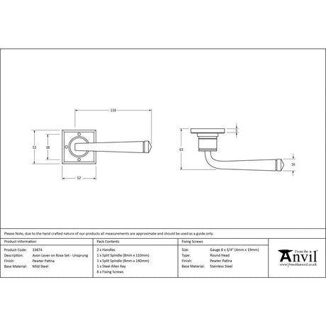 This is an image showing From The Anvil - Pewter Avon Lever on Rose Set Unsprung available from trade door handles, quick delivery and discounted prices