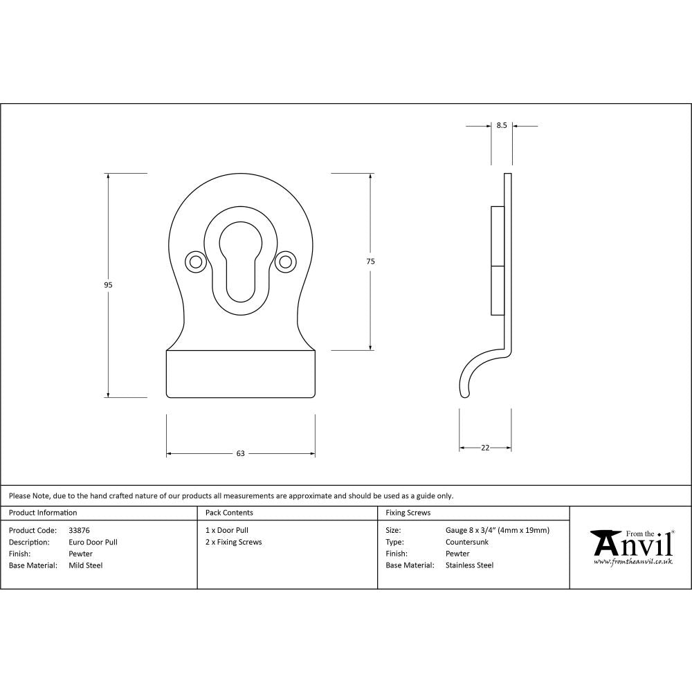 This is an image showing From The Anvil - Pewter Euro Door Pull available from trade door handles, quick delivery and discounted prices