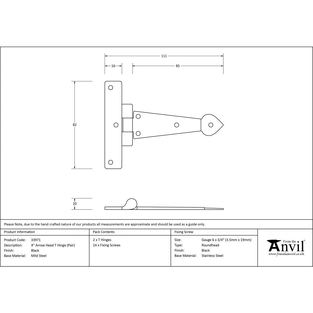 This is an image showing From The Anvil - Black 4" Arrow Head T Hinge (pair) available from T.H Wiggans Architectural Ironmongery, quick delivery and discounted prices