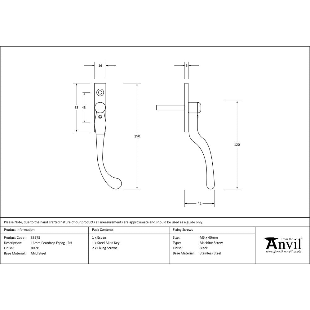 This is an image showing From The Anvil - Black 16mm Peardrop Espag - RH available from T.H Wiggans Architectural Ironmongery in Kendal, quick delivery and discounted prices