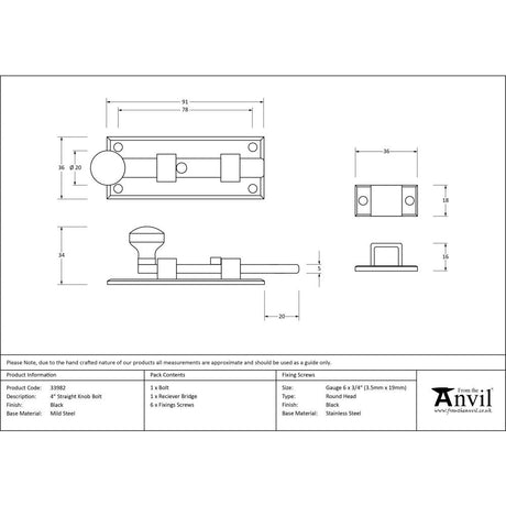 This is an image showing From The Anvil - Black 4" Straight Knob Bolt available from trade door handles, quick delivery and discounted prices