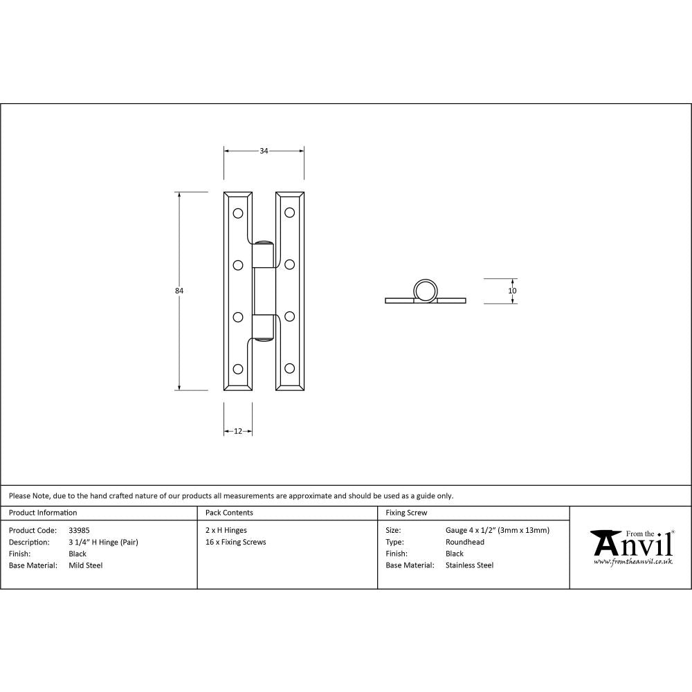 This is an image showing From The Anvil - Black 3 1/4" H Hinge (pair) available from T.H Wiggans Architectural Ironmongery, quick delivery and discounted prices