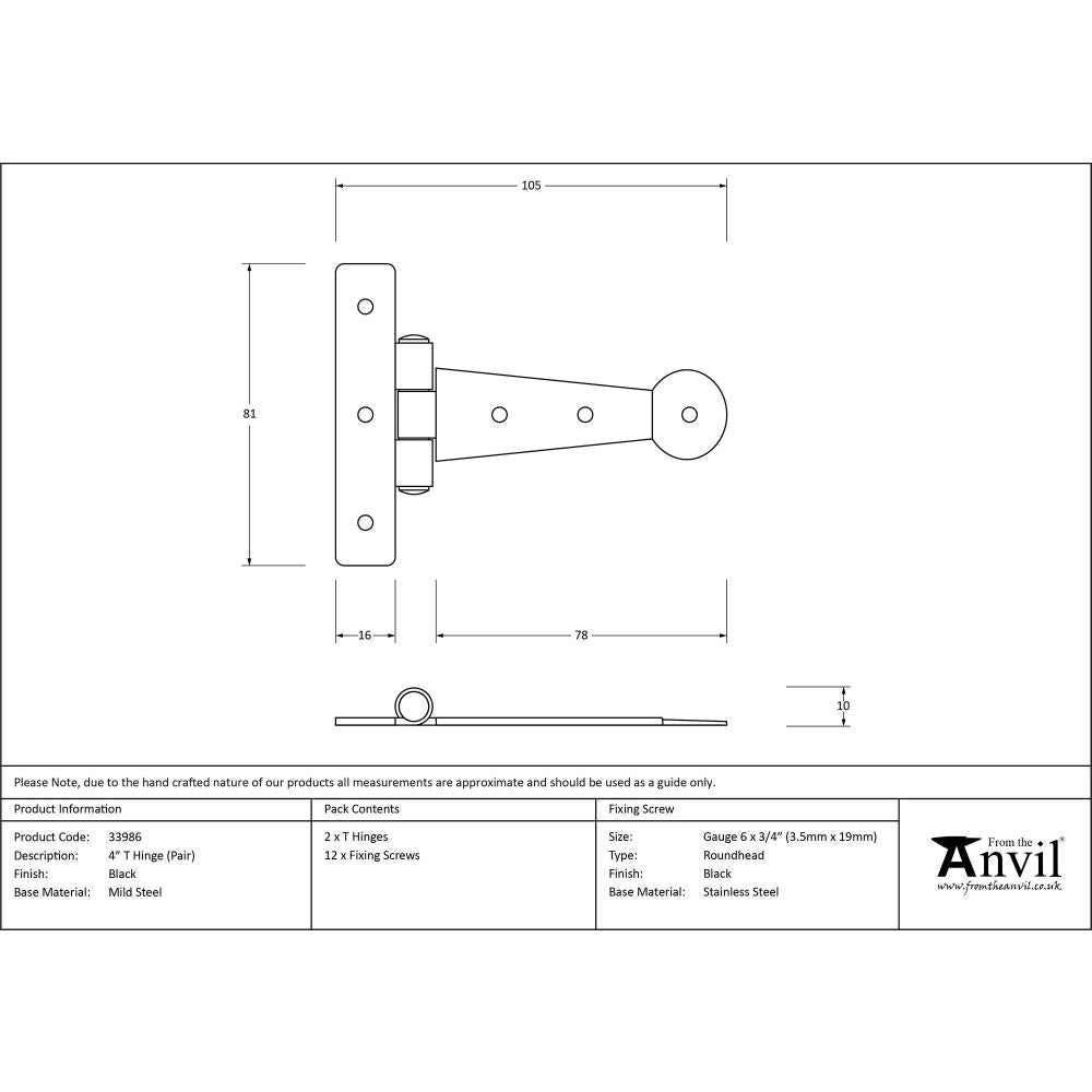 This is an image showing From The Anvil - Black 4" Penny End T Hinge (pair) available from T.H Wiggans Architectural Ironmongery, quick delivery and discounted prices