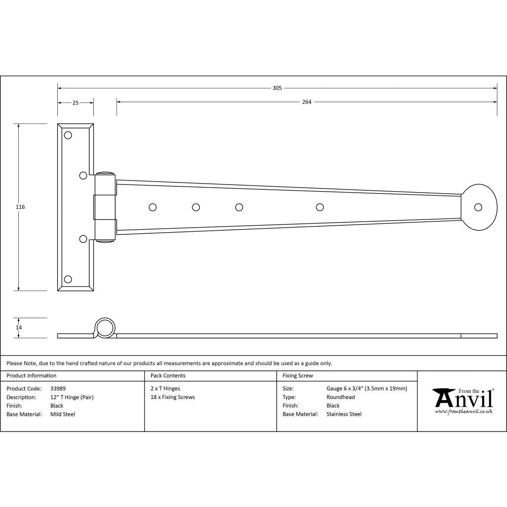 This is an image showing From The Anvil - Black 12" Penny End T Hinge (pair) available from T.H Wiggans Architectural Ironmongery, quick delivery and discounted prices